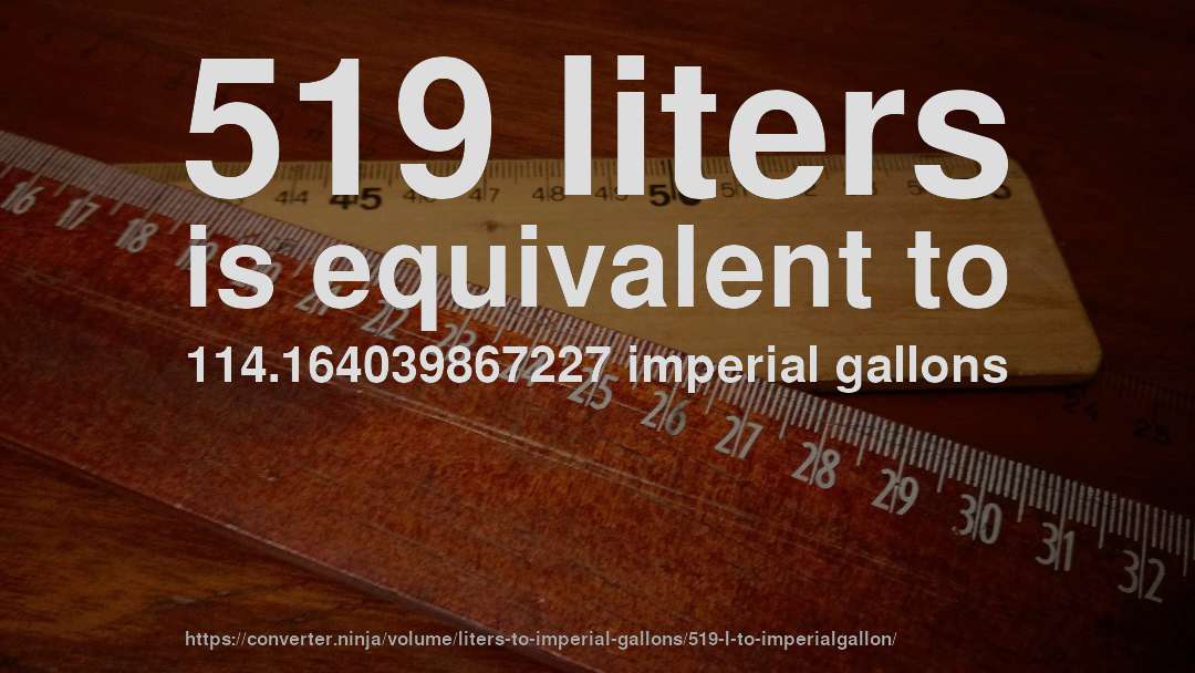 519 liters is equivalent to 114.164039867227 imperial gallons