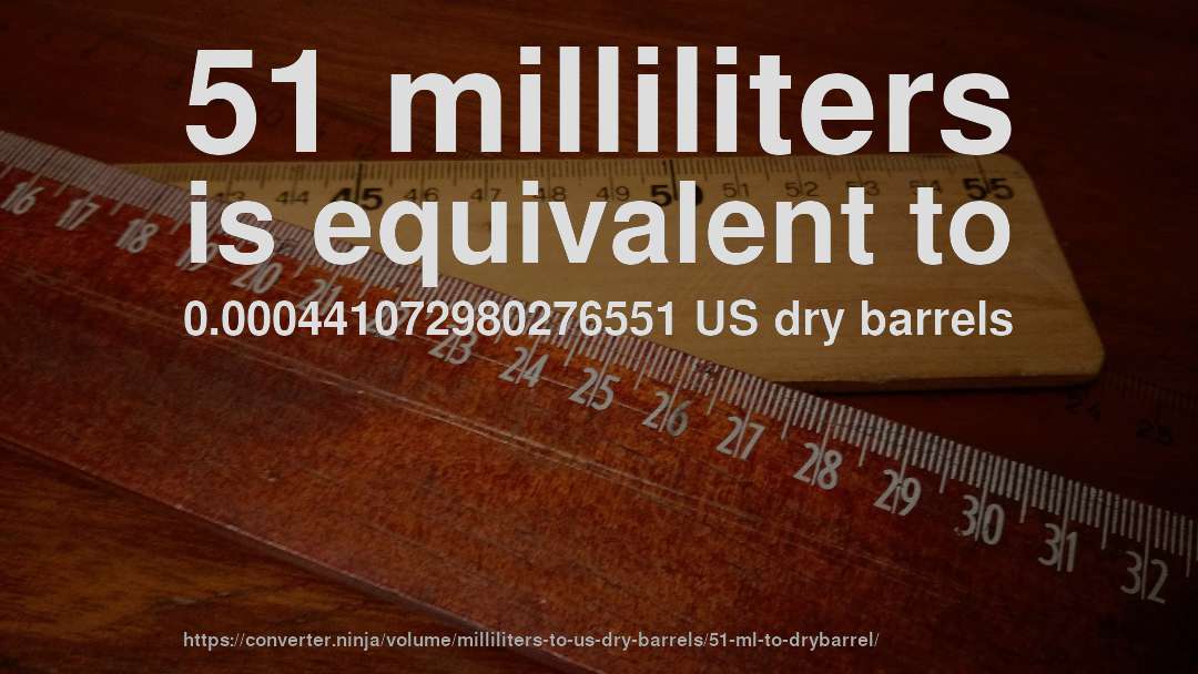 51 milliliters is equivalent to 0.000441072980276551 US dry barrels