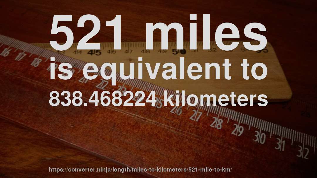 521 miles is equivalent to 838.468224 kilometers