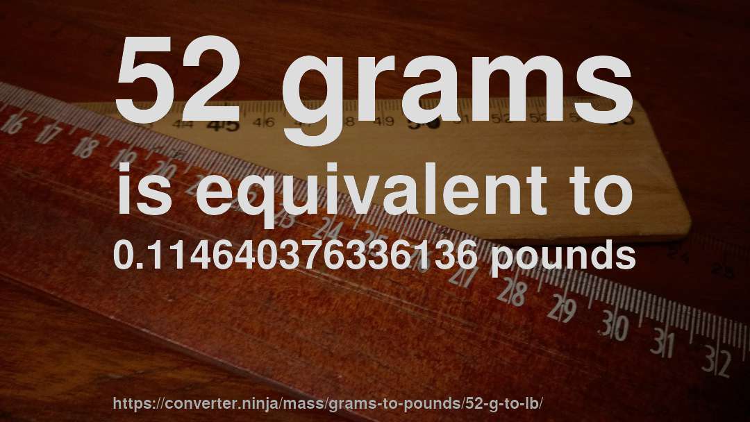 52 grams is equivalent to 0.114640376336136 pounds