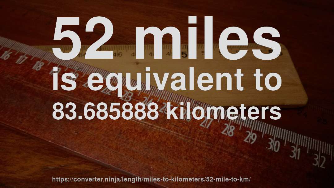 52 miles is equivalent to 83.685888 kilometers