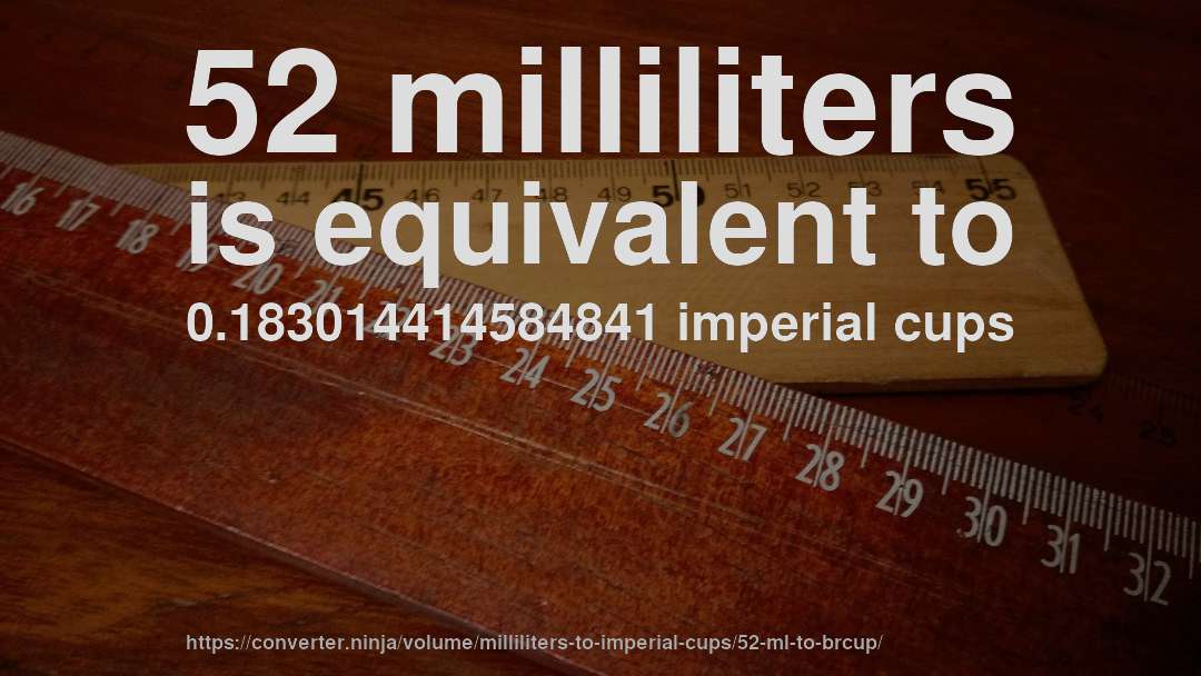 52 milliliters is equivalent to 0.183014414584841 imperial cups