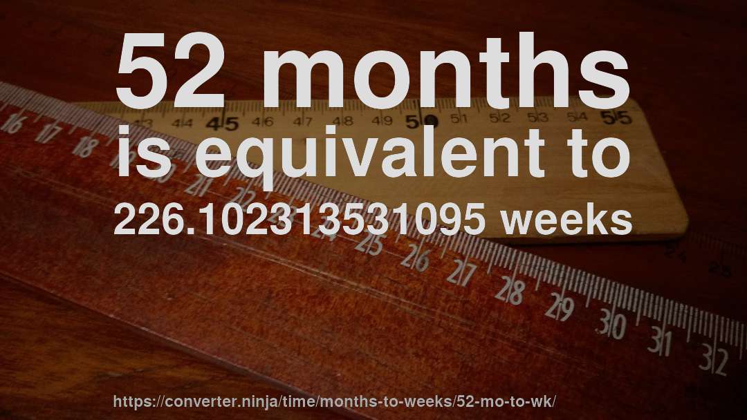 52 months is equivalent to 226.102313531095 weeks