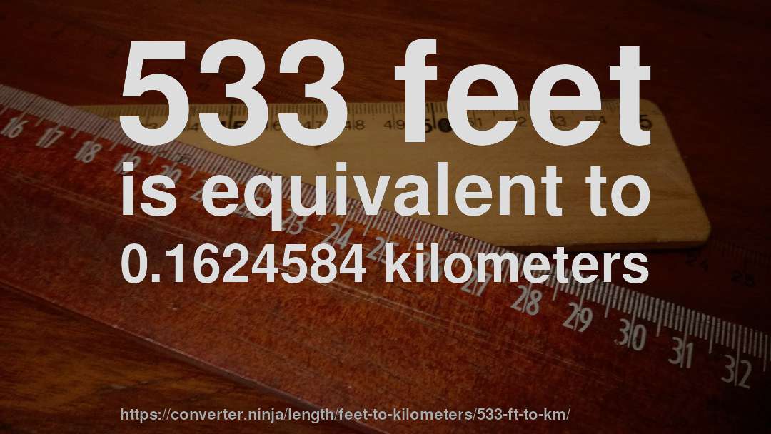 533 feet is equivalent to 0.1624584 kilometers