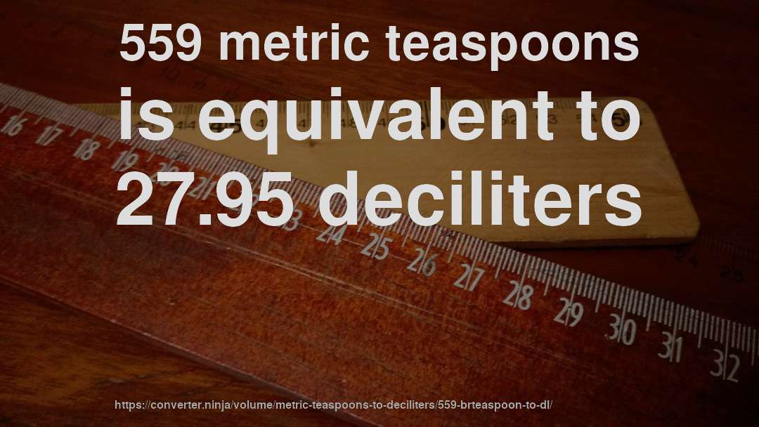 559 metric teaspoons is equivalent to 27.95 deciliters