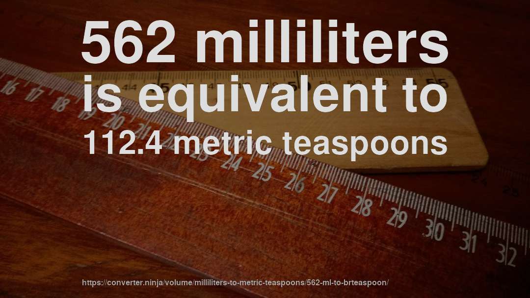 562 milliliters is equivalent to 112.4 metric teaspoons