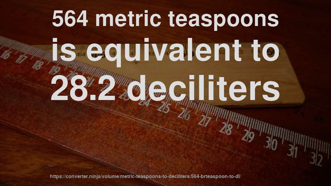 564 metric teaspoons is equivalent to 28.2 deciliters