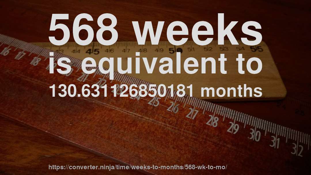 568 weeks is equivalent to 130.631126850181 months