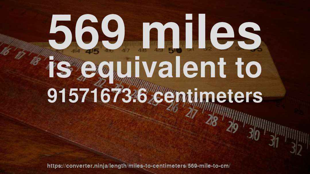 569 miles is equivalent to 91571673.6 centimeters