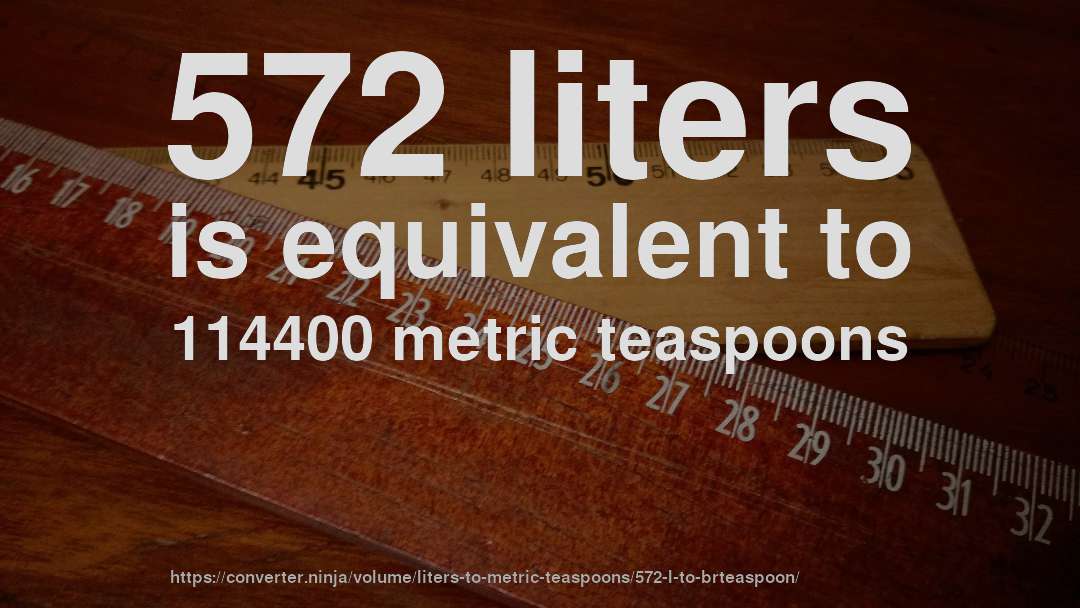 572 liters is equivalent to 114400 metric teaspoons