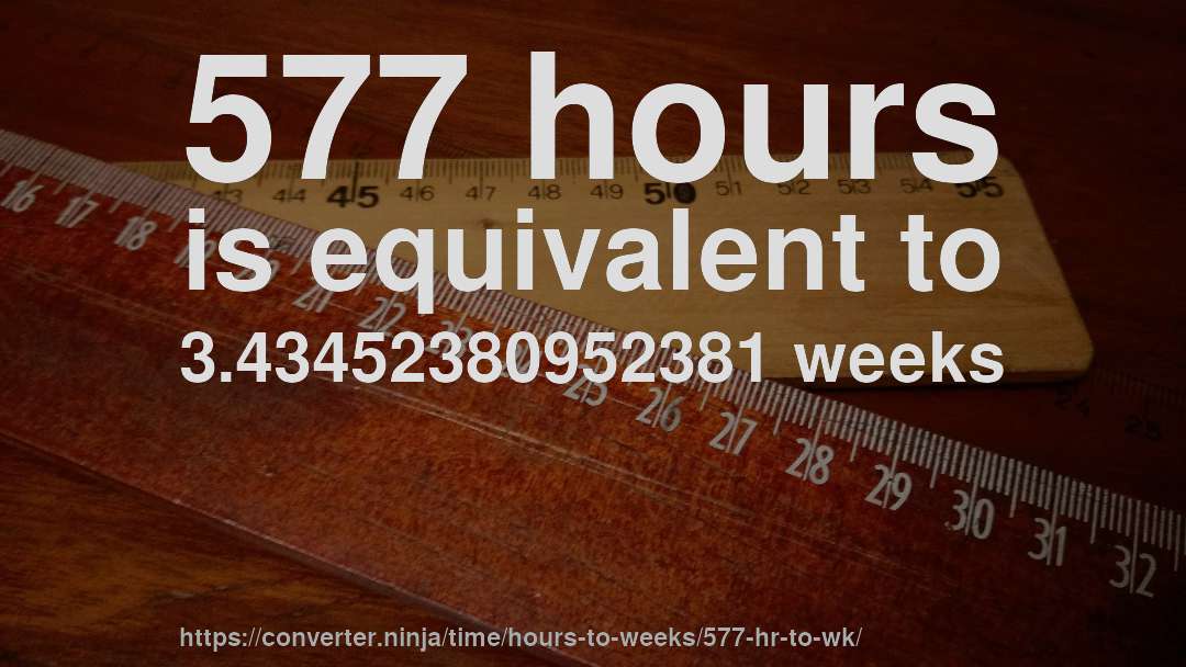 577 hours is equivalent to 3.43452380952381 weeks