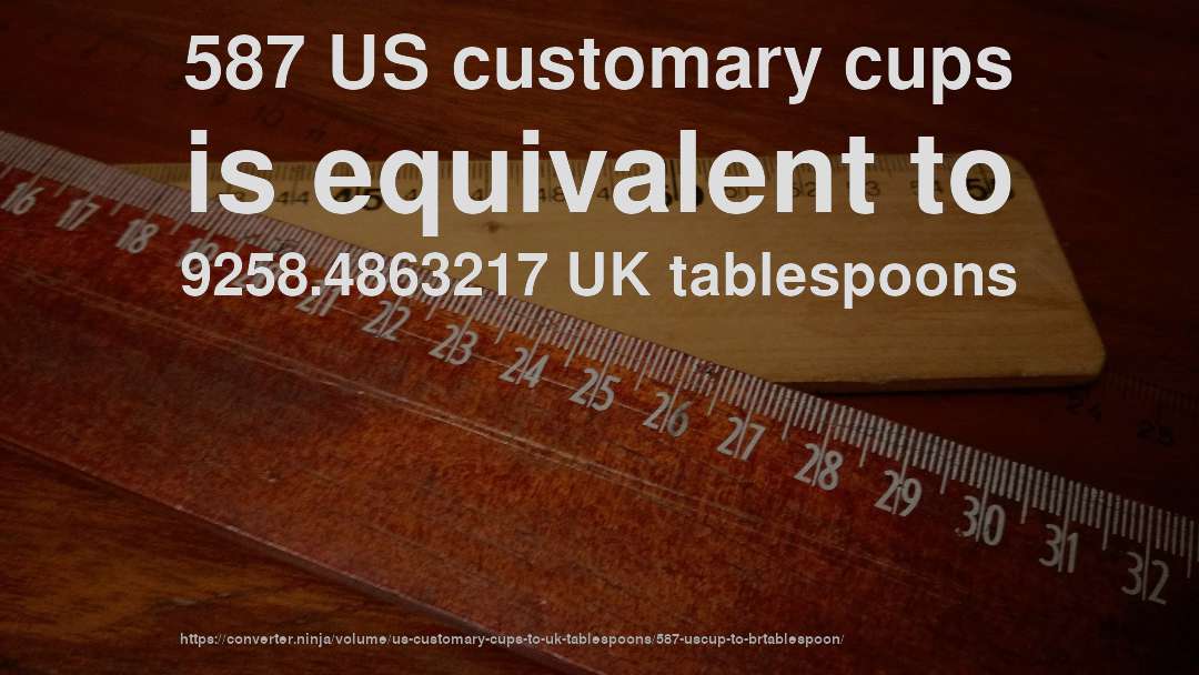 587 US customary cups is equivalent to 9258.4863217 UK tablespoons