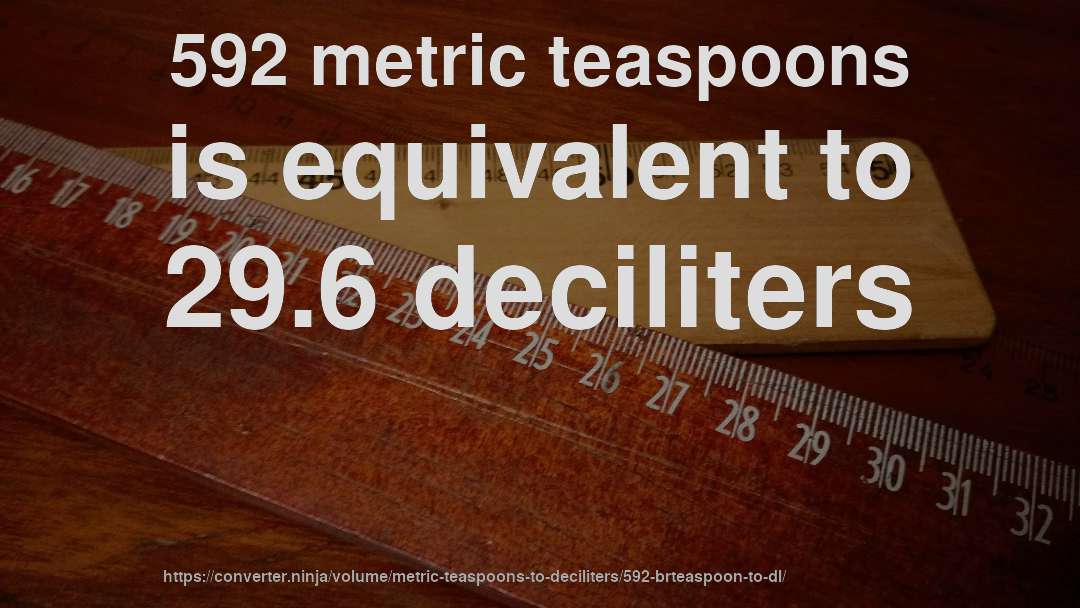 592 metric teaspoons is equivalent to 29.6 deciliters