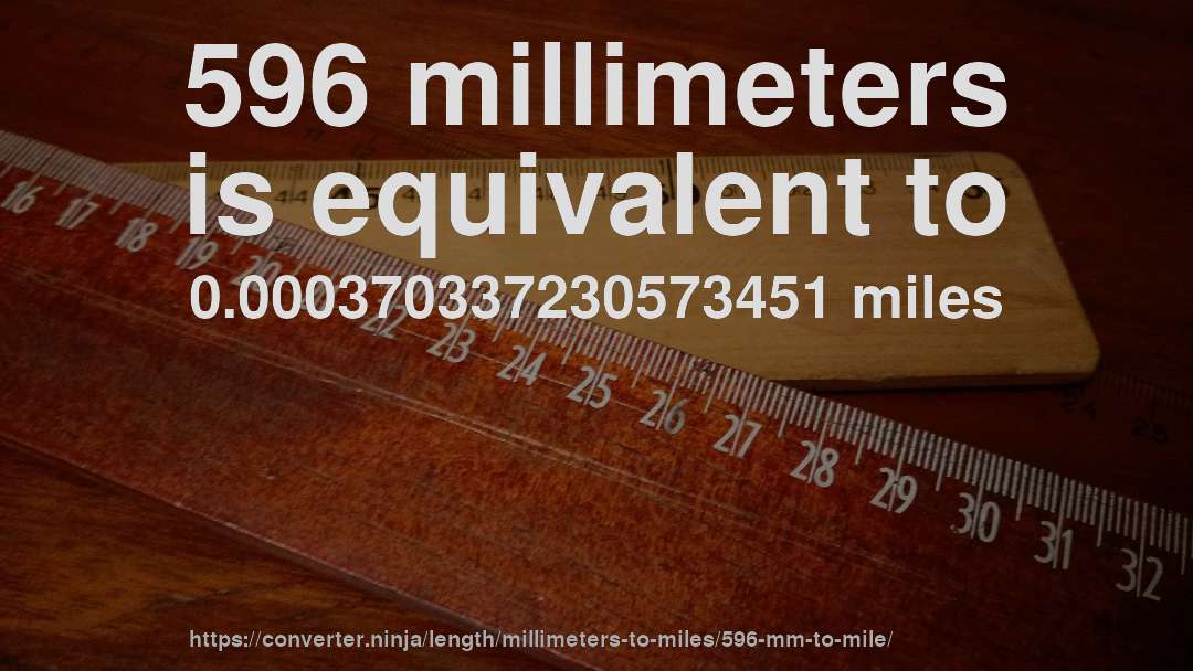 596 millimeters is equivalent to 0.000370337230573451 miles