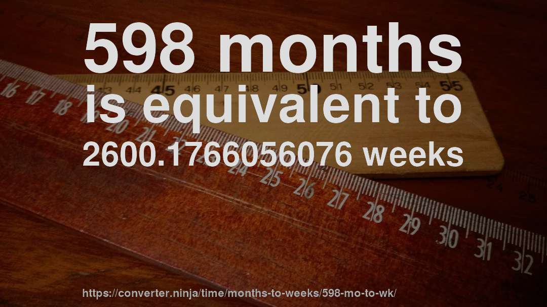 598 months is equivalent to 2600.1766056076 weeks