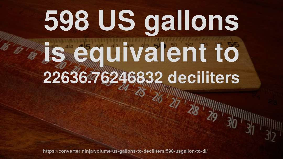 598 US gallons is equivalent to 22636.76246832 deciliters