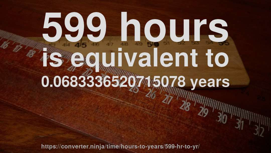 599 hours is equivalent to 0.0683336520715078 years