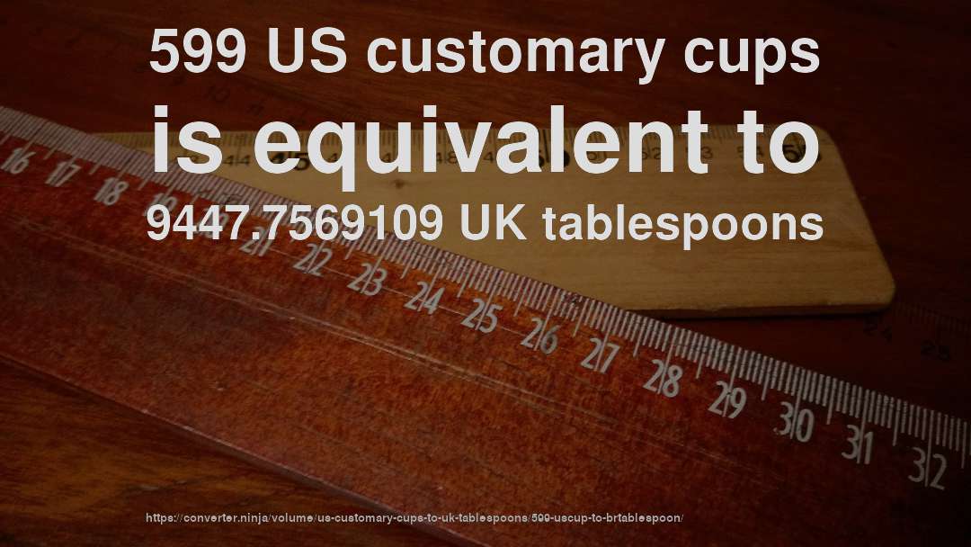 599 US customary cups is equivalent to 9447.7569109 UK tablespoons
