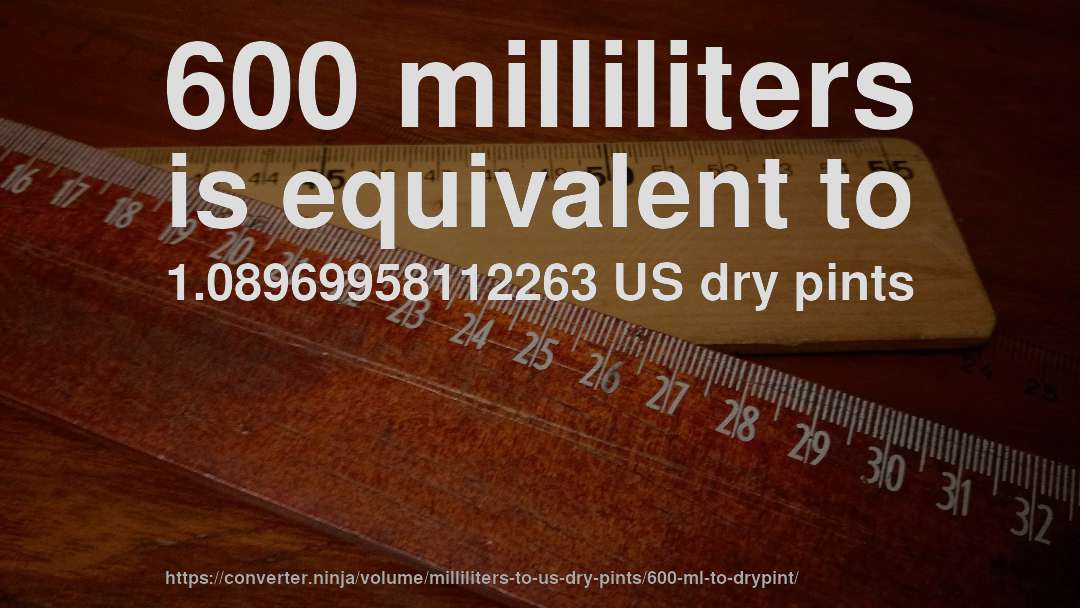 600 milliliters is equivalent to 1.08969958112263 US dry pints