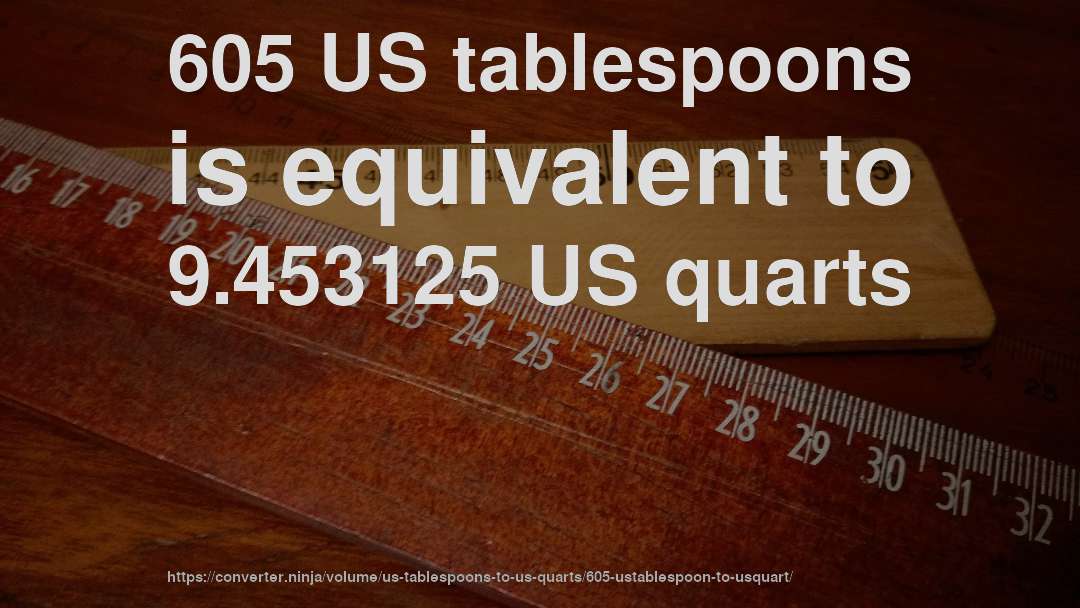 605 US tablespoons is equivalent to 9.453125 US quarts