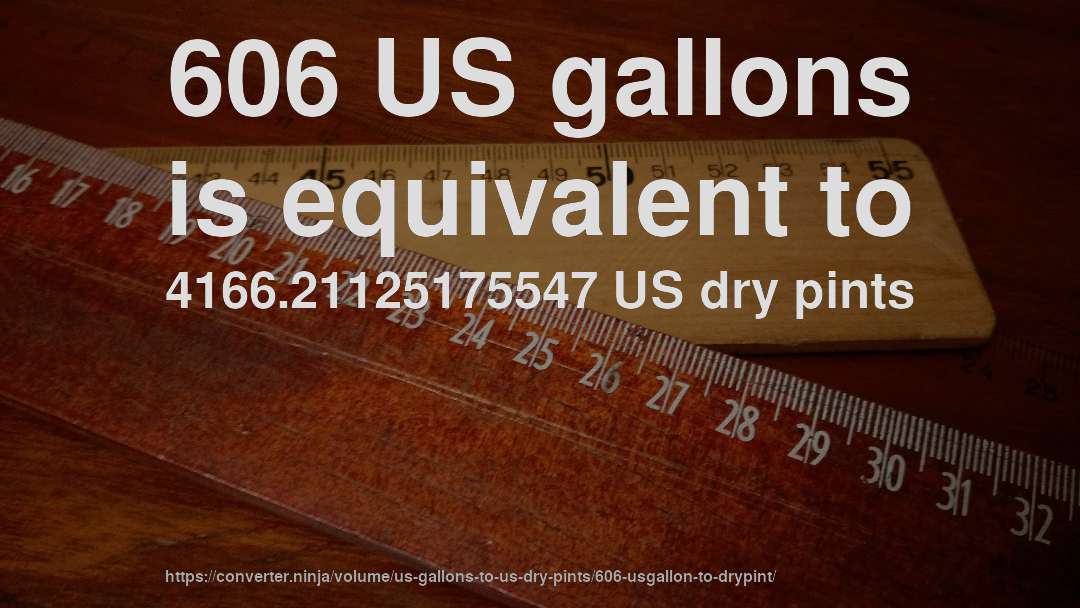 606 US gallons is equivalent to 4166.21125175547 US dry pints