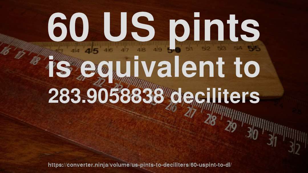60 US pints is equivalent to 283.9058838 deciliters
