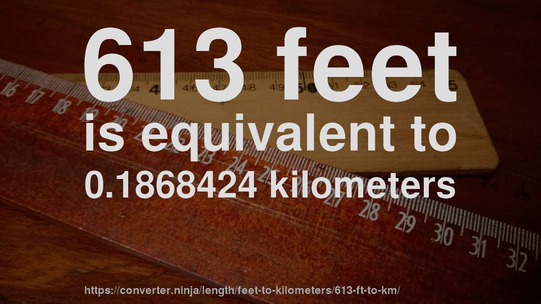 613 feet is equivalent to 0.1868424 kilometers
