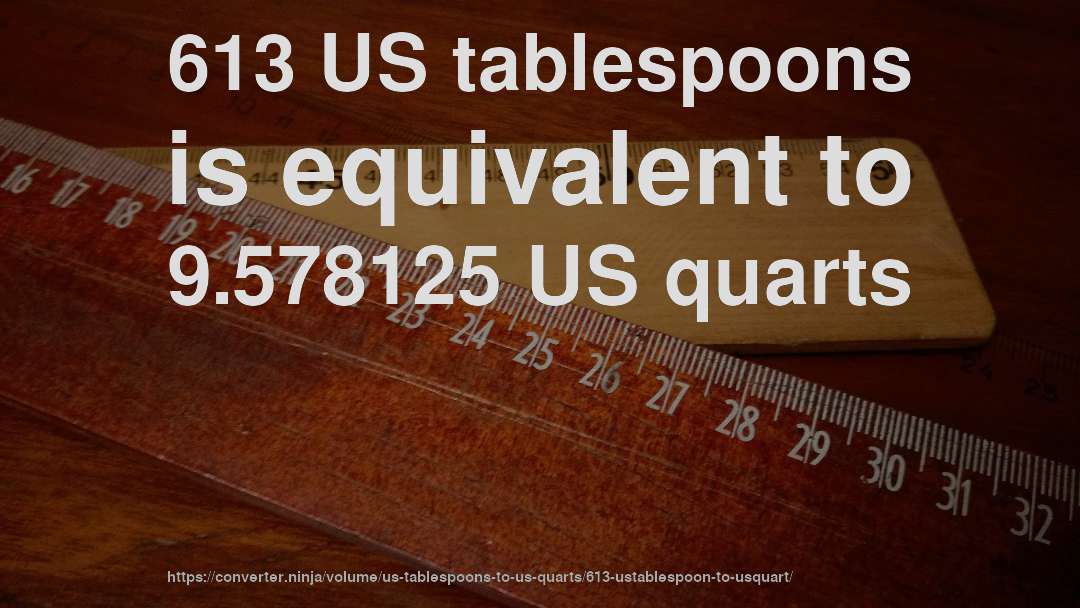613 US tablespoons is equivalent to 9.578125 US quarts