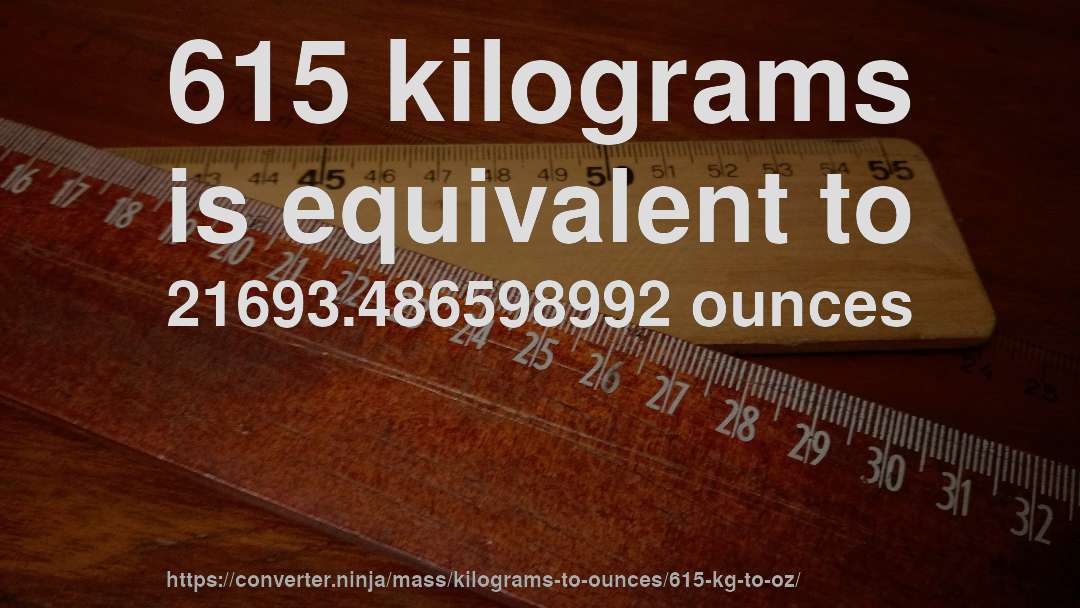 615 kilograms is equivalent to 21693.486598992 ounces