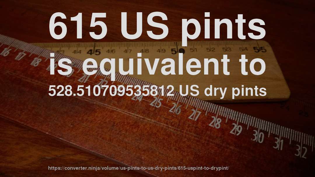 615 US pints is equivalent to 528.510709535812 US dry pints