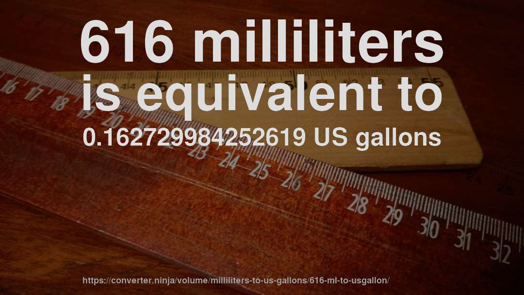 616 milliliters is equivalent to 0.162729984252619 US gallons