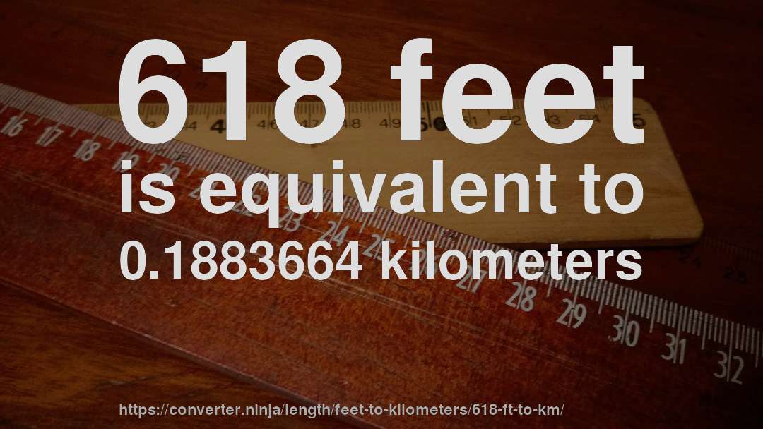 618 feet is equivalent to 0.1883664 kilometers