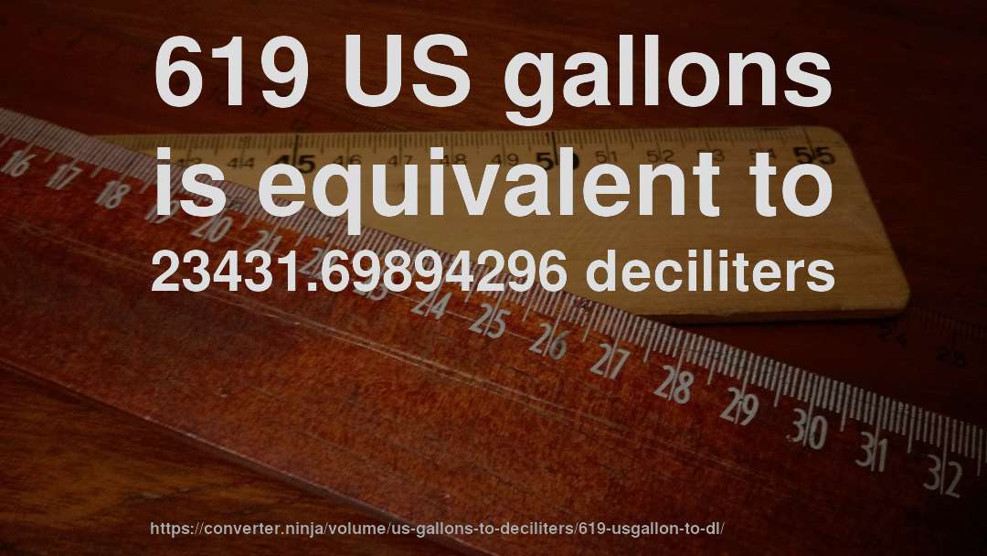 619 US gallons is equivalent to 23431.69894296 deciliters