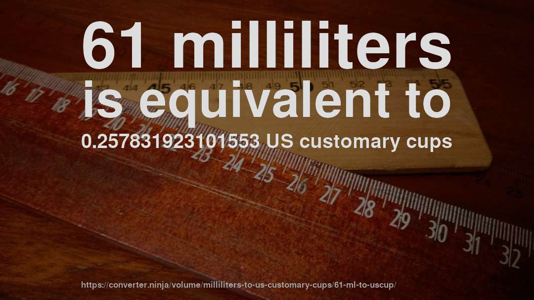 61 milliliters is equivalent to 0.257831923101553 US customary cups
