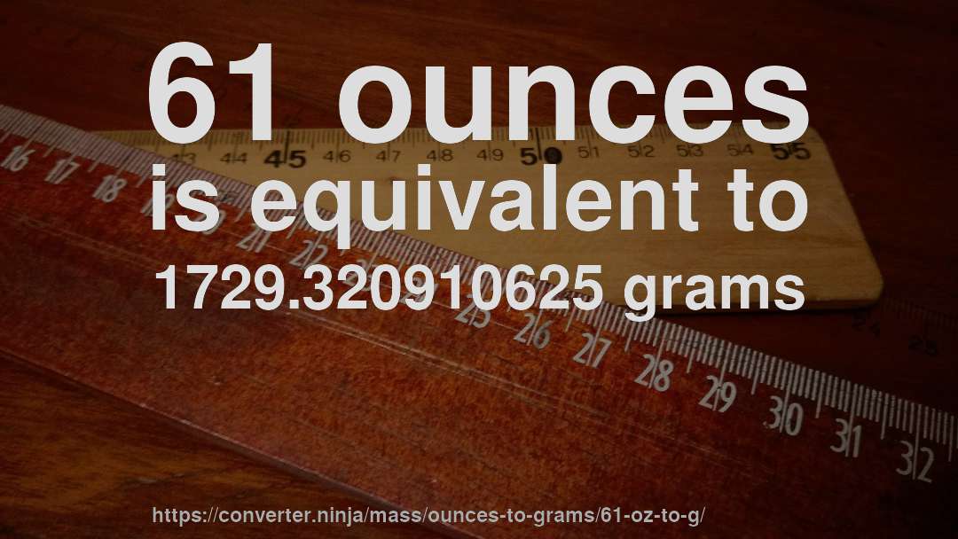 61 ounces is equivalent to 1729.320910625 grams