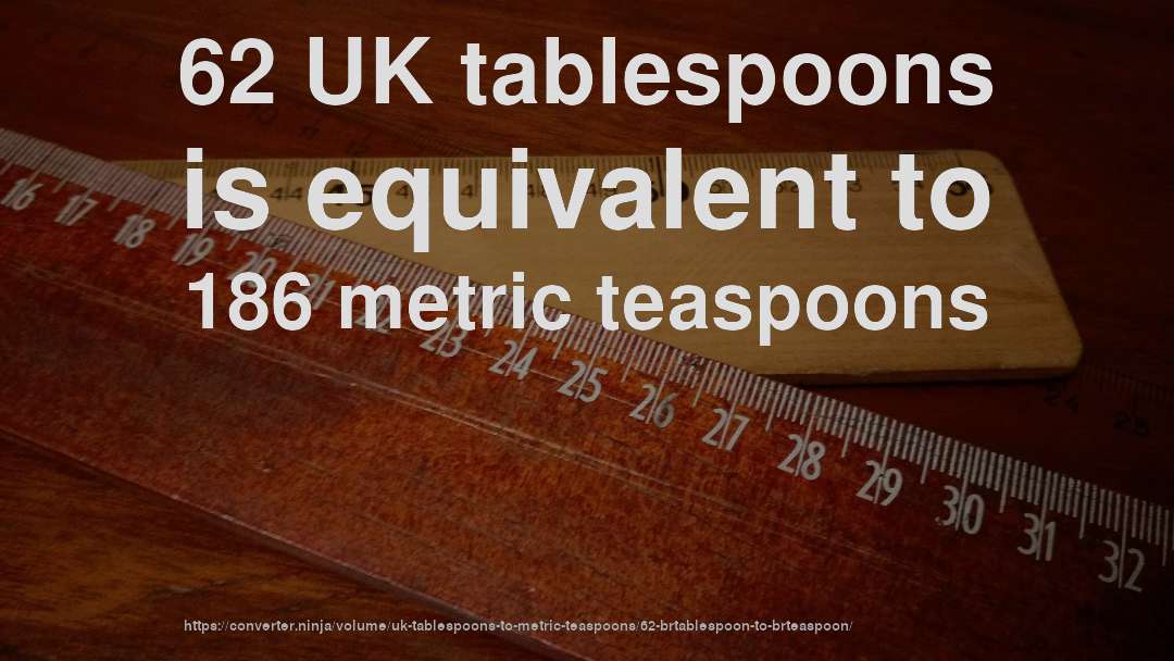 62 UK tablespoons is equivalent to 186 metric teaspoons