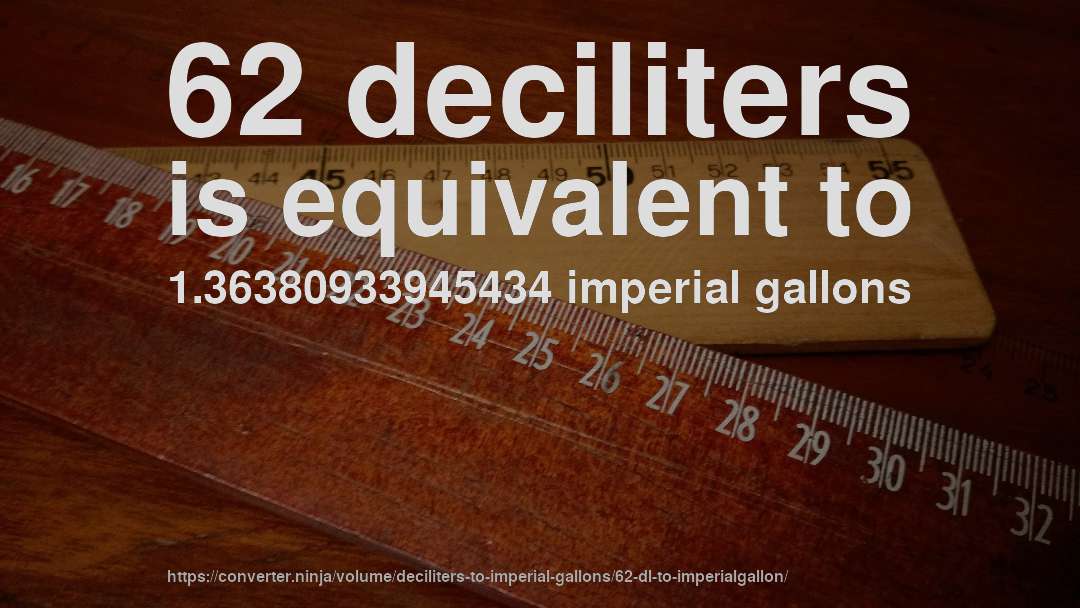 62 deciliters is equivalent to 1.36380933945434 imperial gallons