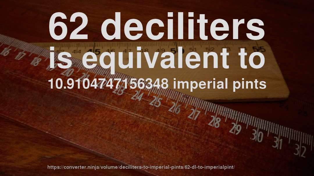 62 deciliters is equivalent to 10.9104747156348 imperial pints