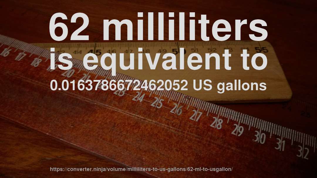 62 milliliters is equivalent to 0.0163786672462052 US gallons