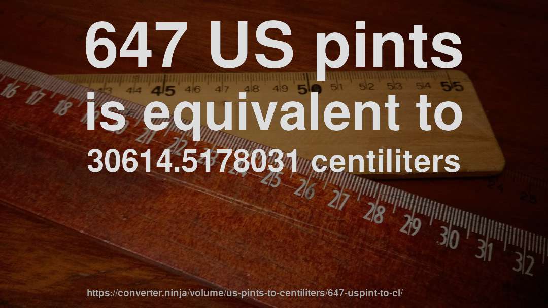 647 US pints is equivalent to 30614.5178031 centiliters