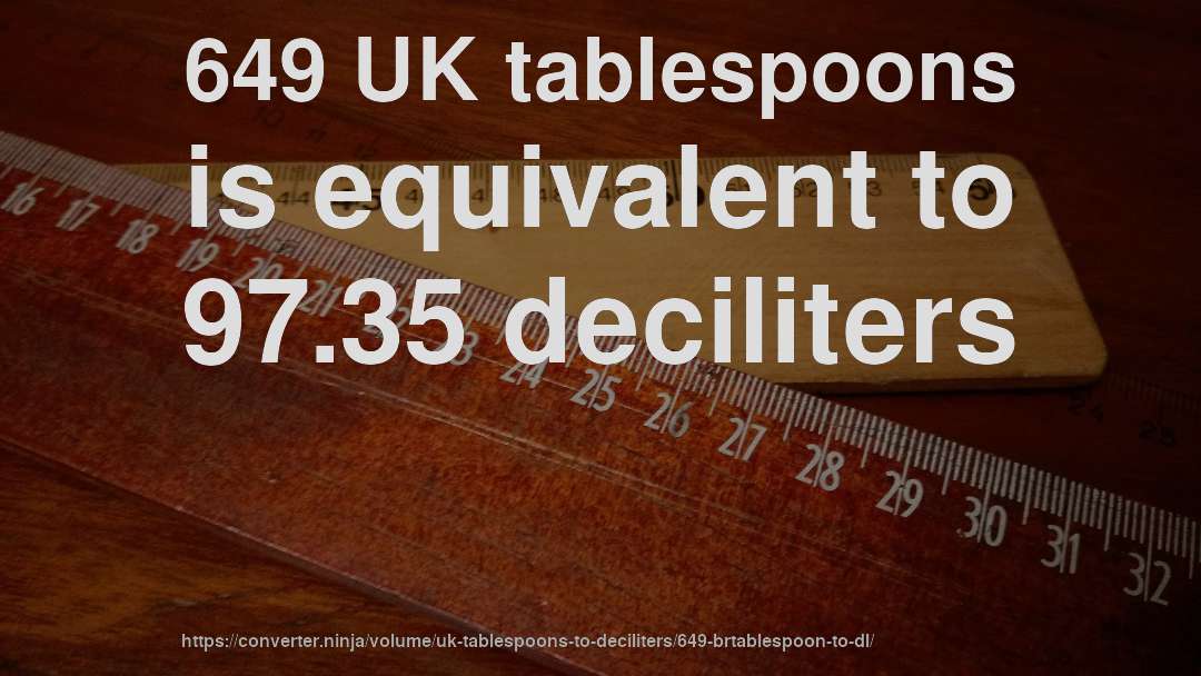649 UK tablespoons is equivalent to 97.35 deciliters