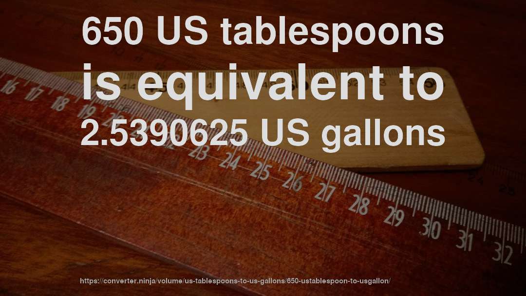 650 US tablespoons is equivalent to 2.5390625 US gallons