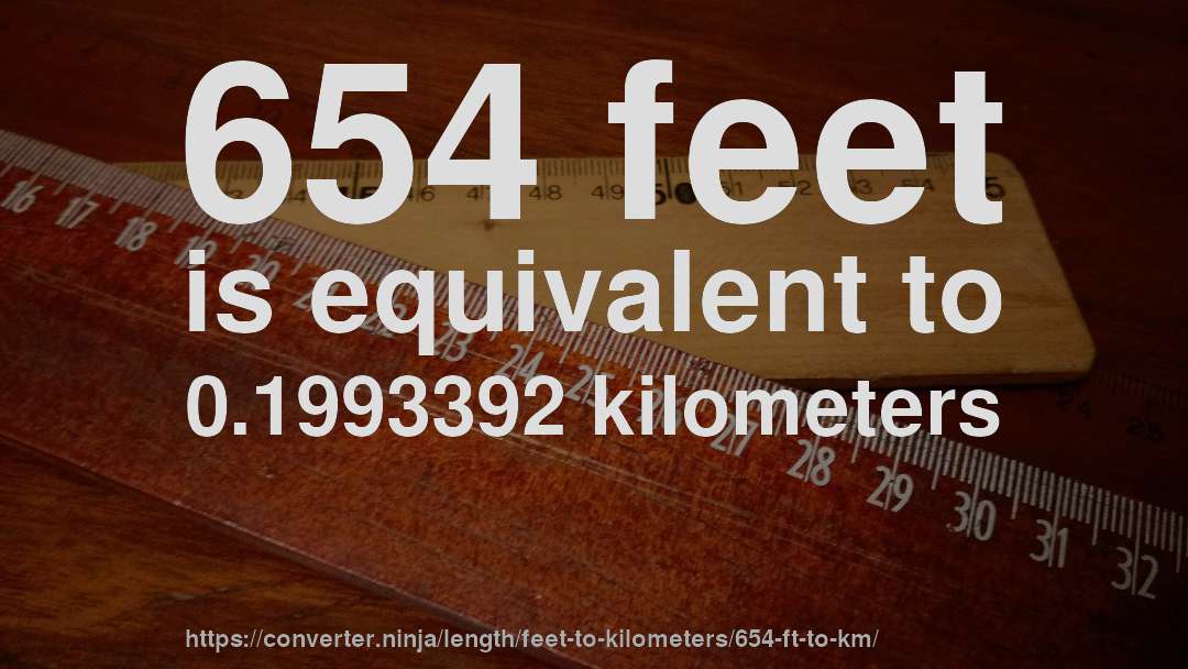 654 feet is equivalent to 0.1993392 kilometers