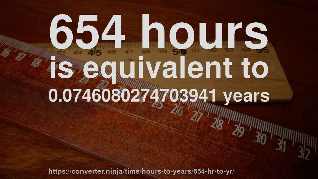 654 hours is equivalent to 0.0746080274703941 years