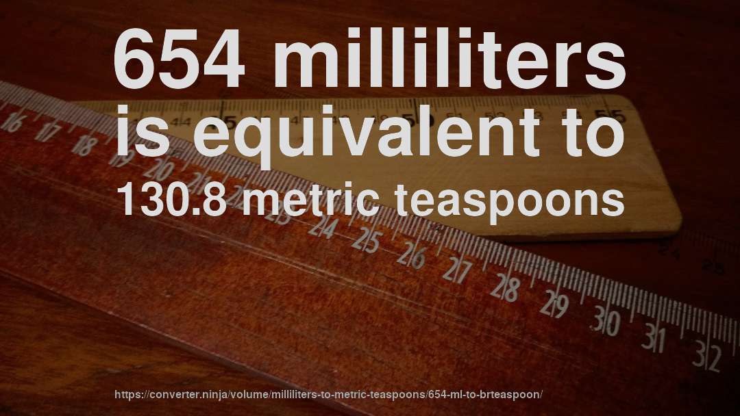 654 milliliters is equivalent to 130.8 metric teaspoons