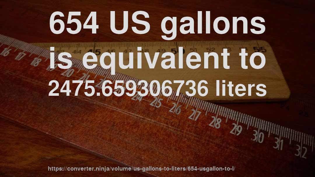 654 US gallons is equivalent to 2475.659306736 liters