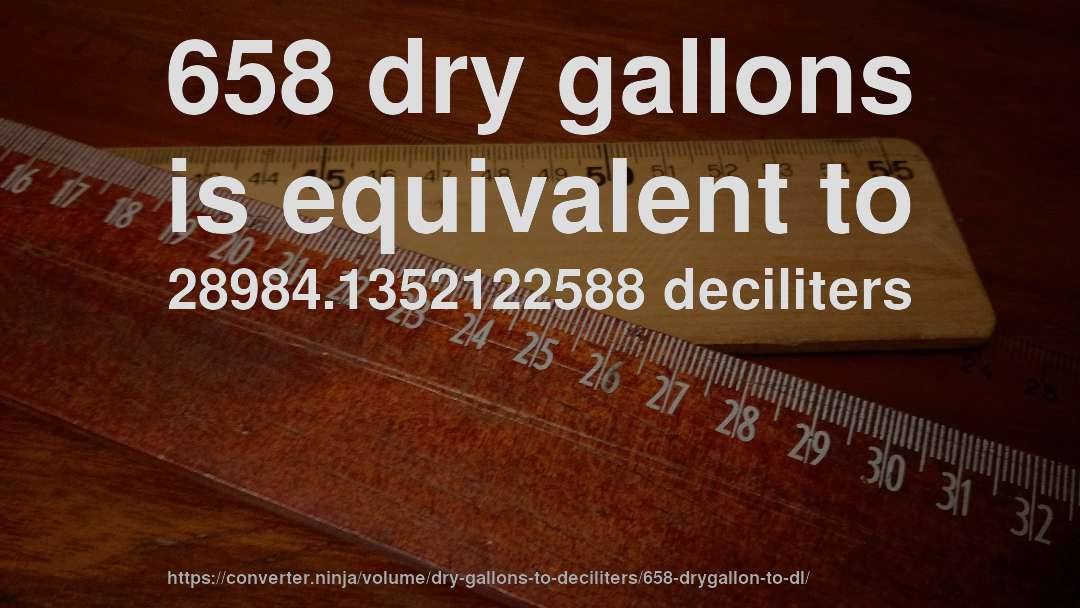 658 dry gallons is equivalent to 28984.1352122588 deciliters
