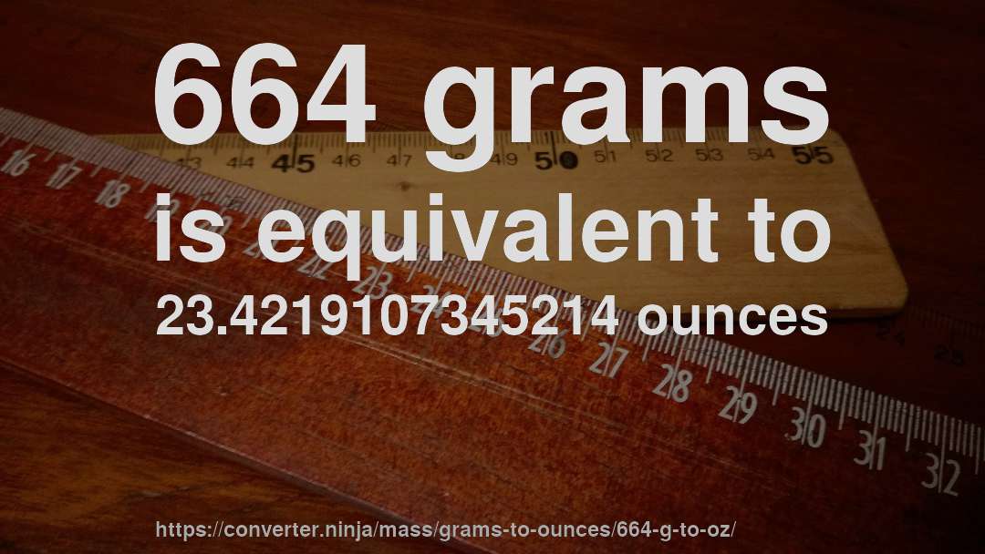 664 grams is equivalent to 23.4219107345214 ounces