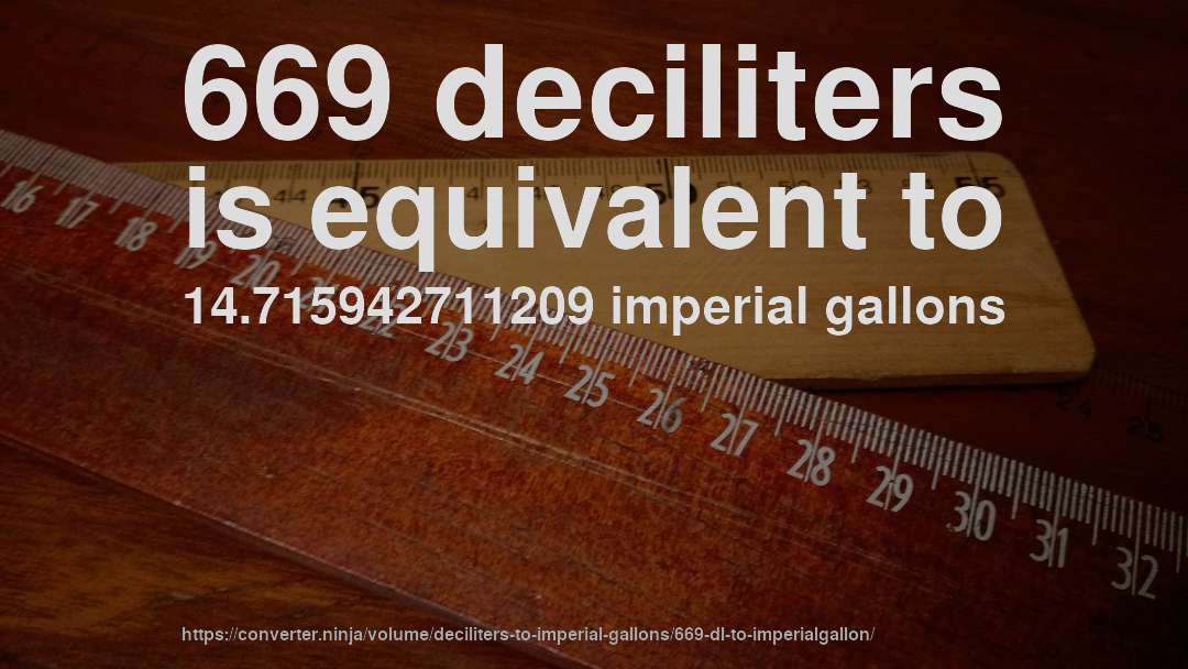 669 deciliters is equivalent to 14.715942711209 imperial gallons