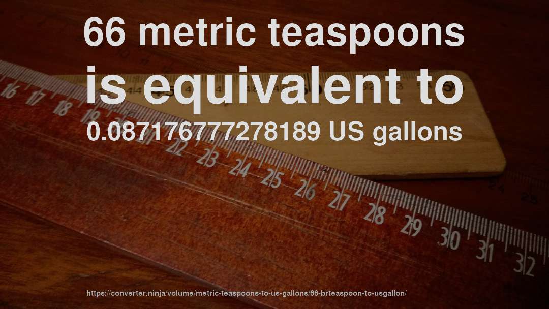 66 metric teaspoons is equivalent to 0.087176777278189 US gallons